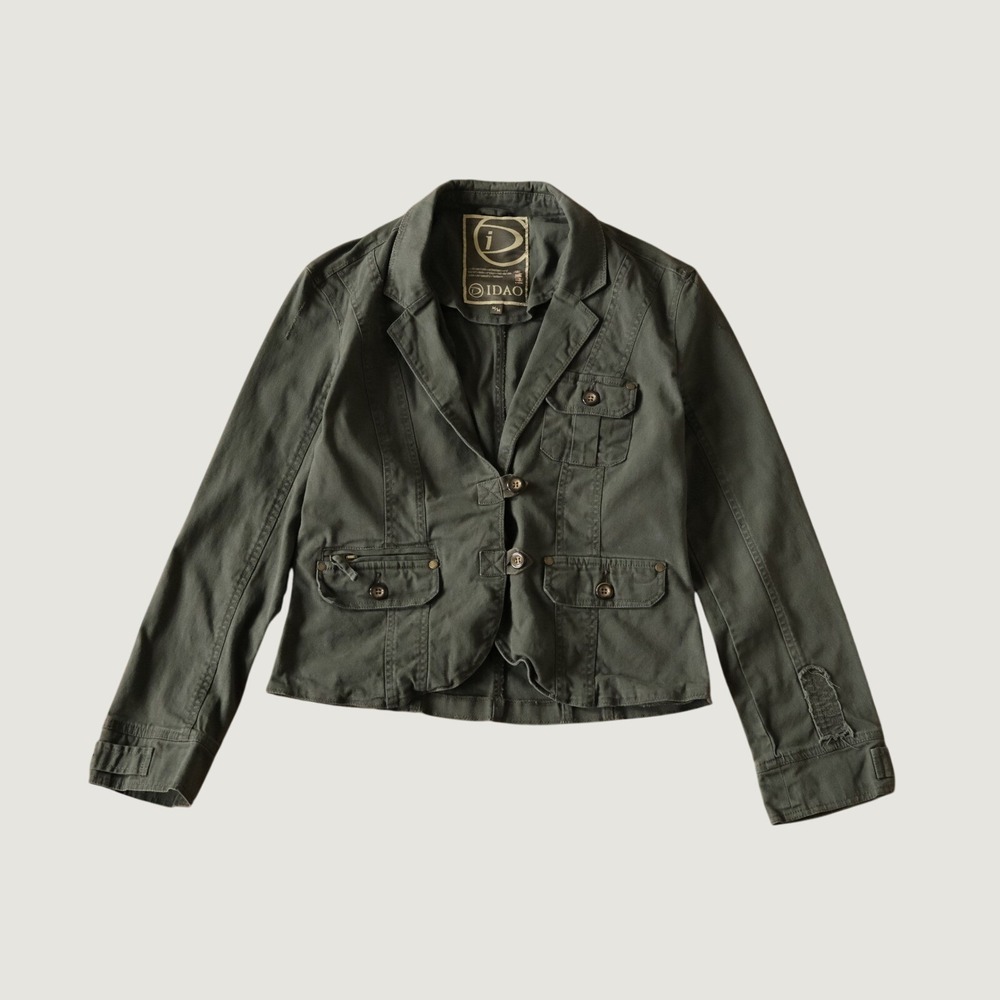 IDAO Utility Blazer Olive Green Cargo Pocket Distressed Cotton‎ Spandex Size M